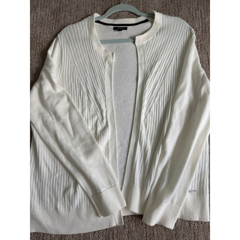 Nautica Womens Cream White Open Front Ribbed Knit Cardigan Sweater Size L